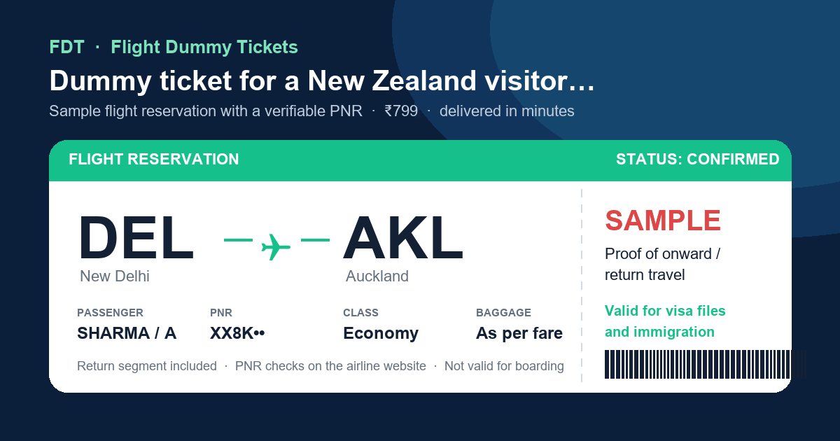 Dummy ticket for a New Zealand visitor visa from India - sample flight reservation DEL to AKL (Auckland) with PNR, issued by FDT
