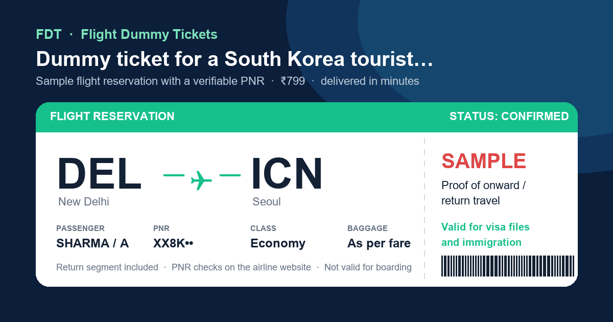 Dummy ticket for a South Korea tourist visa (C-3-9) - sample flight reservation DEL to ICN (Seoul) with PNR, issued by FDT