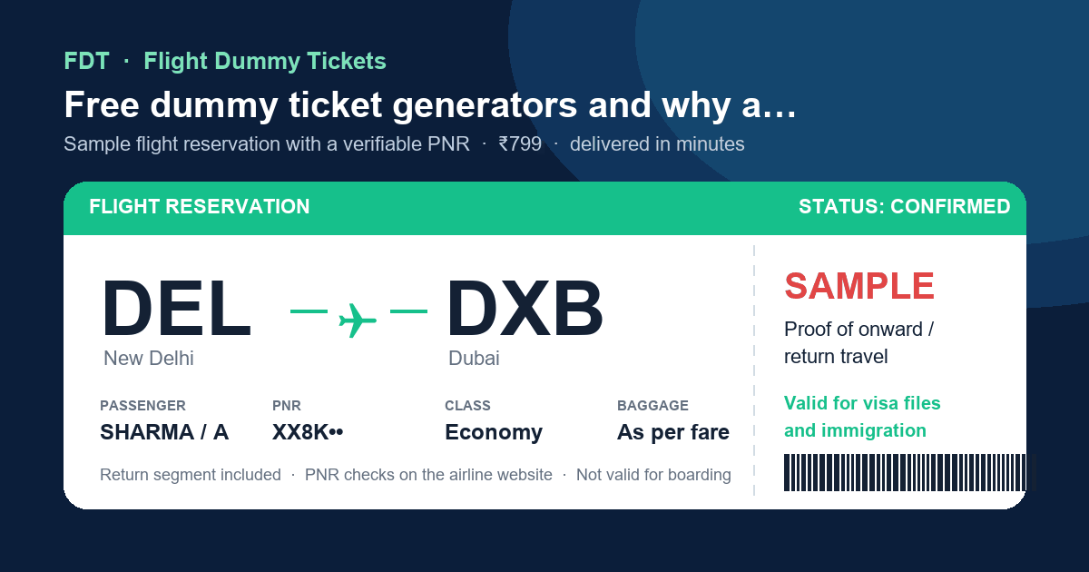 Free dummy ticket generators and why a fake PNR is dangerous - sample flight reservation DEL to DXB (Dubai) with PNR, issued by FDT