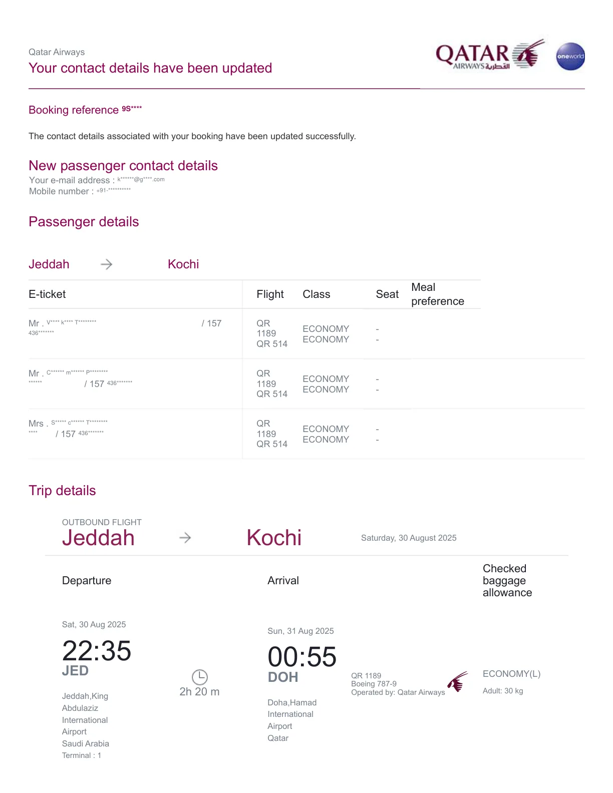 Sample dummy ticket PDF from Qatar Airways, Jeddah to Kochi via Doha, with passenger names and booking reference hidden